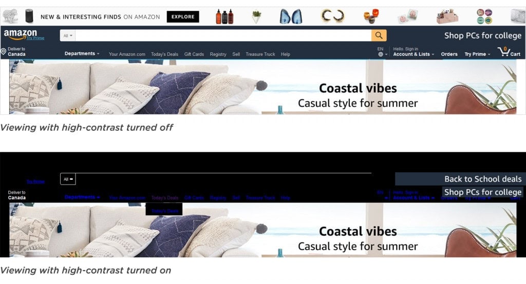 Screenshot of website showing poor contrast accessibility