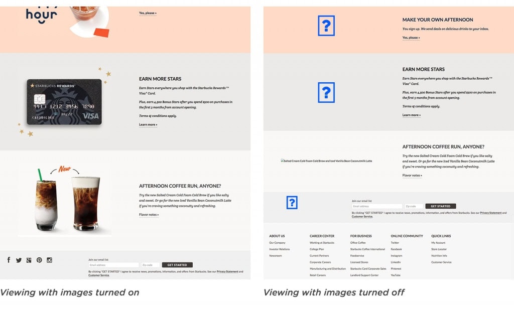 Screenshots showing poor website accessibility with images