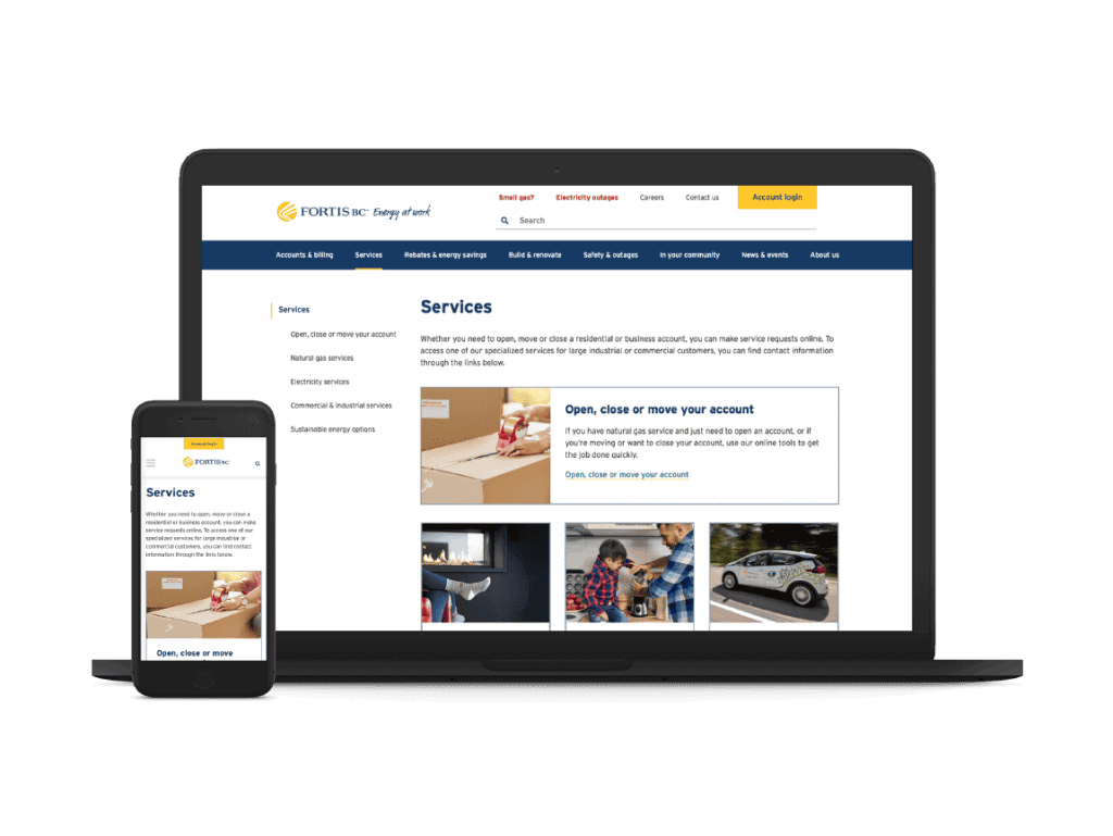 FortisBC website redesign image of the new Services page on laptop and iPhone