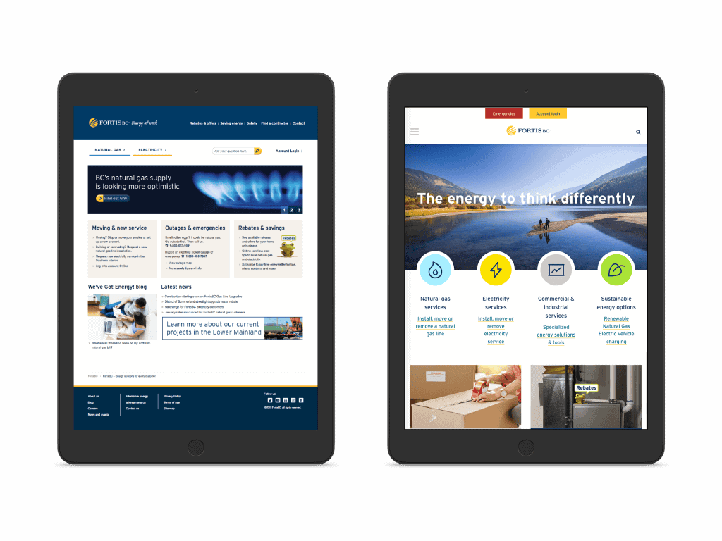 FortisBC website redesign image of before and after shots of the homepage