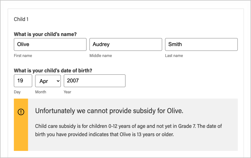 Screenshot of new form showing modernization improvements to the application design with a yellow error message.