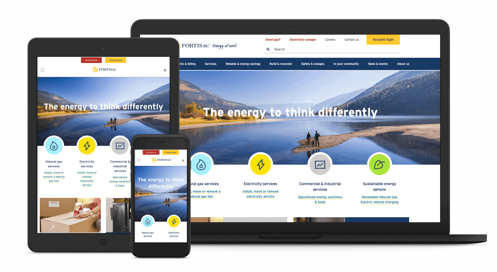 FortisBC redesigned website on laptop, iPhone, and tablet.