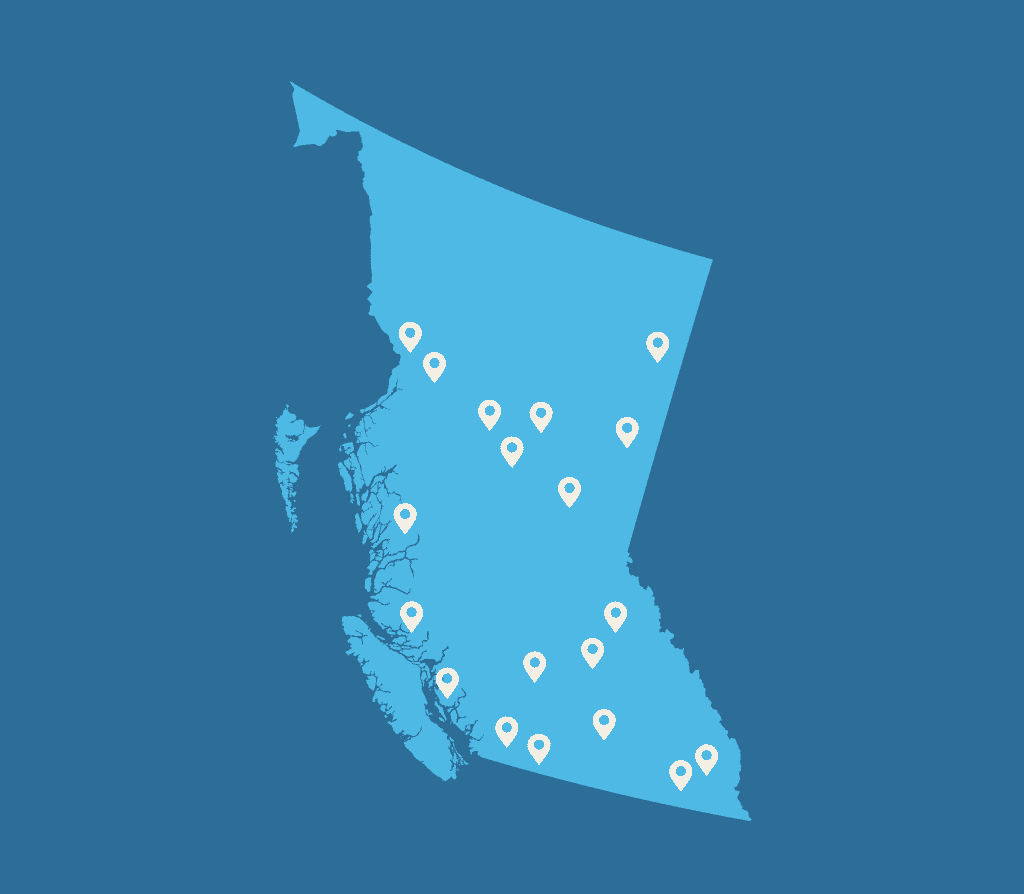 Illustration of a BC map with regional dots representing remote user research