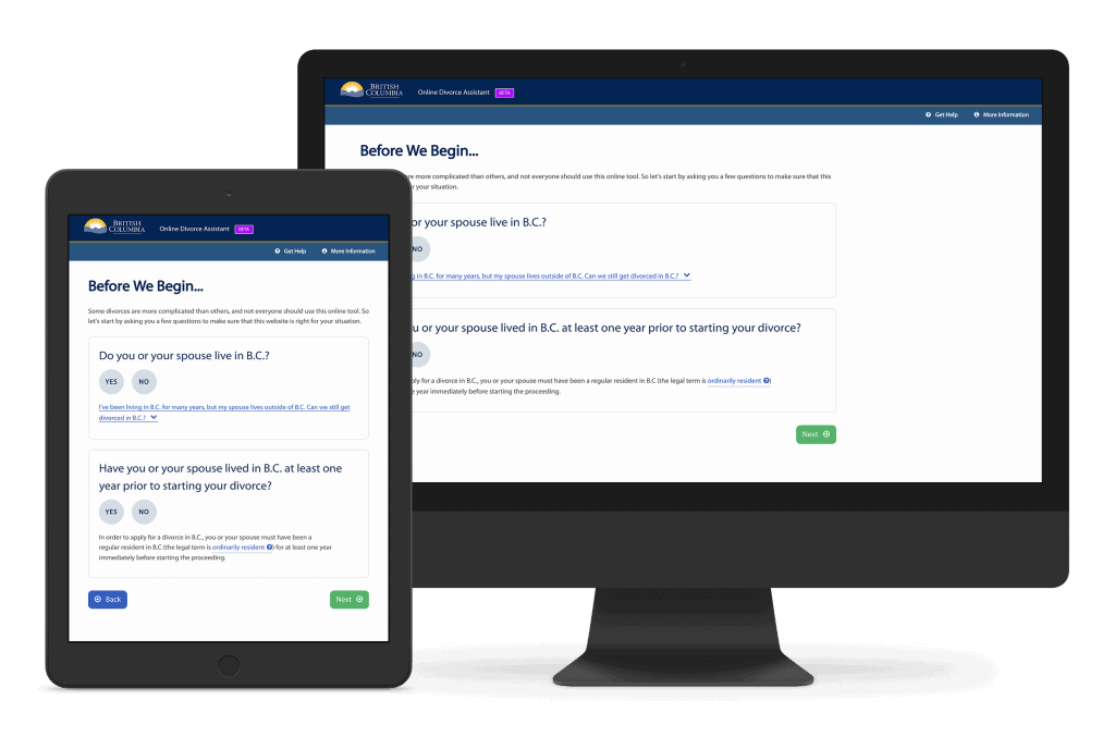 designing for justice example: BC Online Divorce Application homepage