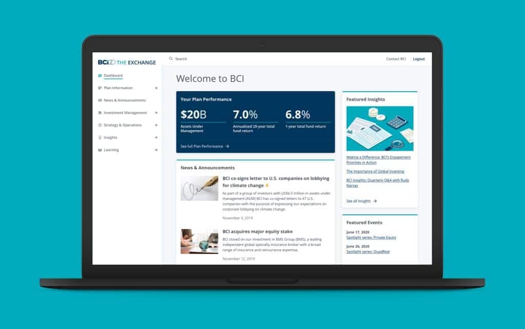 BCI client portal shown on a laptop against a teal blue background