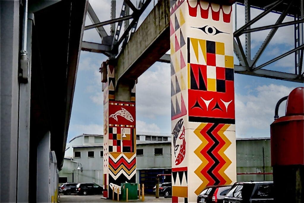 Mural artwork on Granville Island by Debra Sparrow, @qwasen, a self-taught Musqueam artist and designer. Photo by Noel Forst.