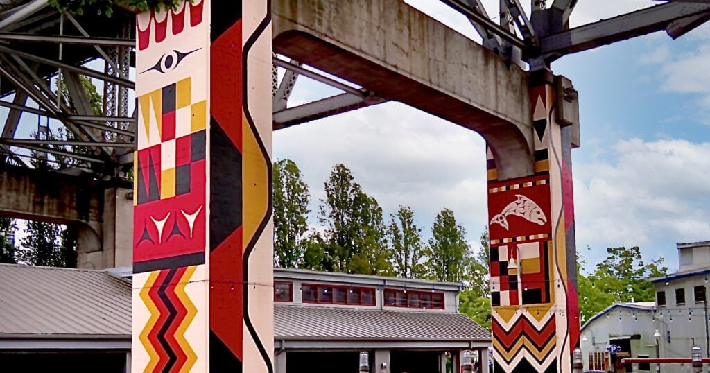 Art mural at Granville Island by Indigenous artist Debra Sparrow. 