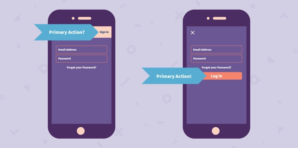 OXD branded illustration of a mobile phone comparison showing a login or signup feature pointing to primary actions for usability.