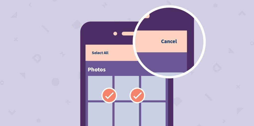 OXD branded illustration of a mobile phone photo app highlighting the select all and cancel features for usability testing.