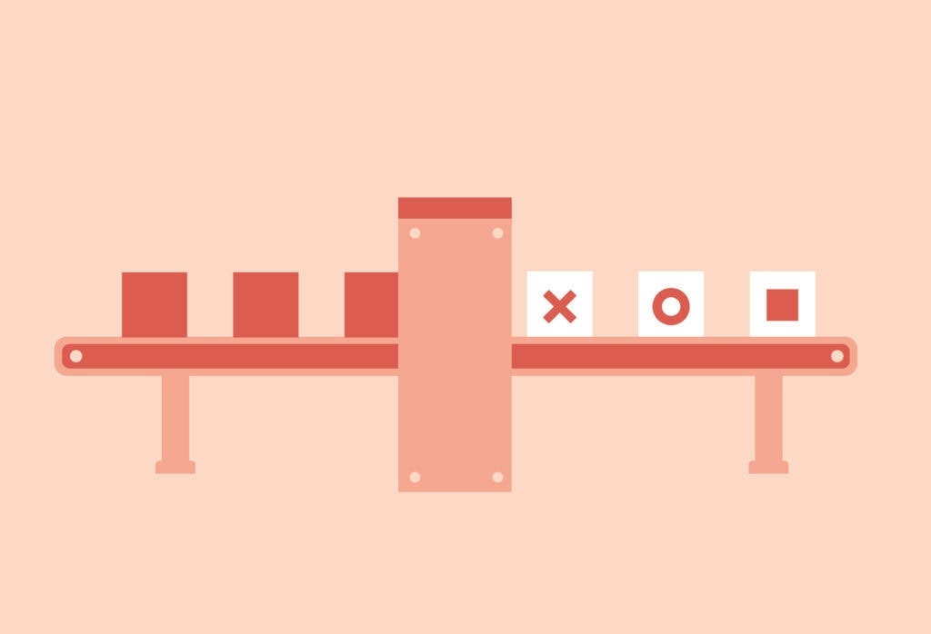 OXD illustration in pinks and reds of a conveyer belt concept of content migration and content going through it