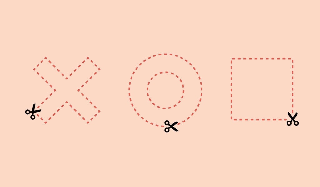 OXD illustration of pink background with darker pink dotted line shapes of an X,O, and square with scissors.