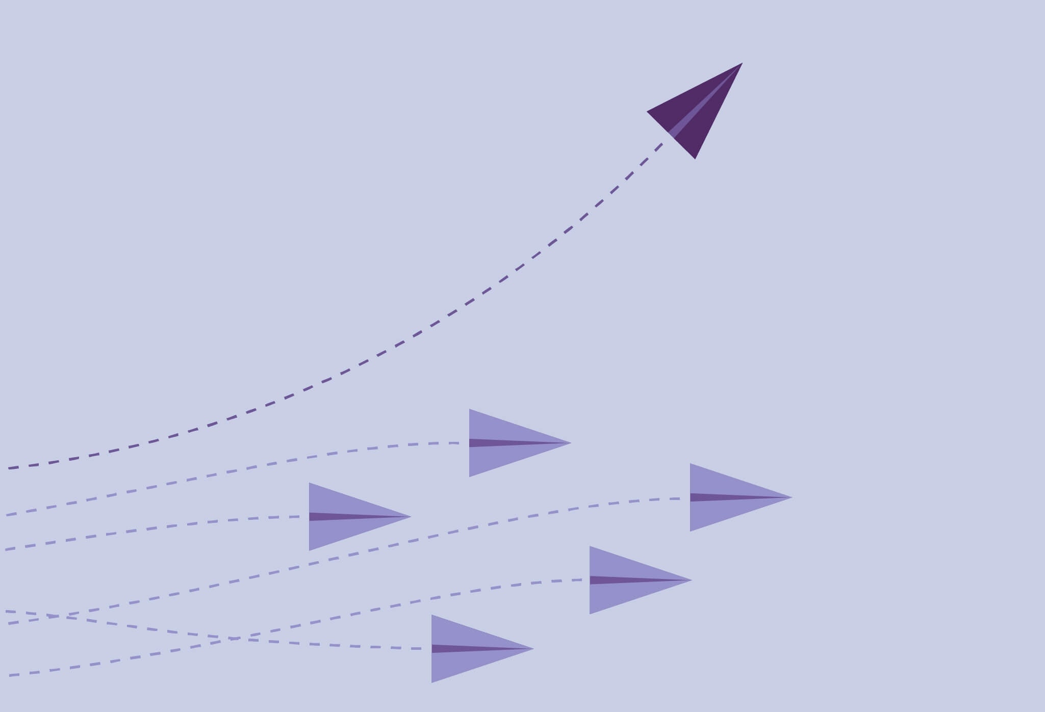 Digital Transformation In Government Hero Image with paper planes flying and one breaking away in shades of purple