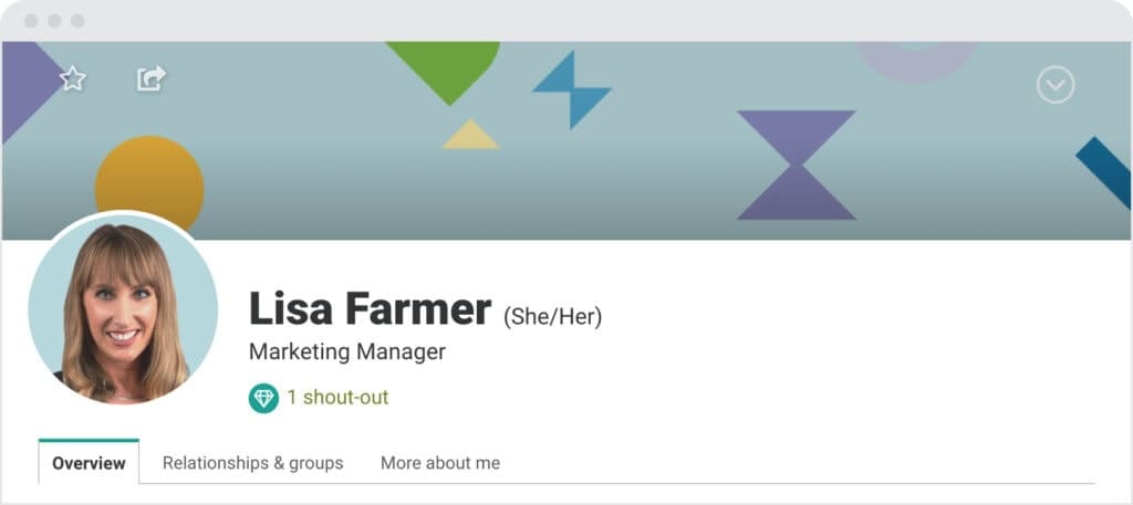 Using Intranet For DEI profile page showing an employee with a headshot, name, title, and pronouns