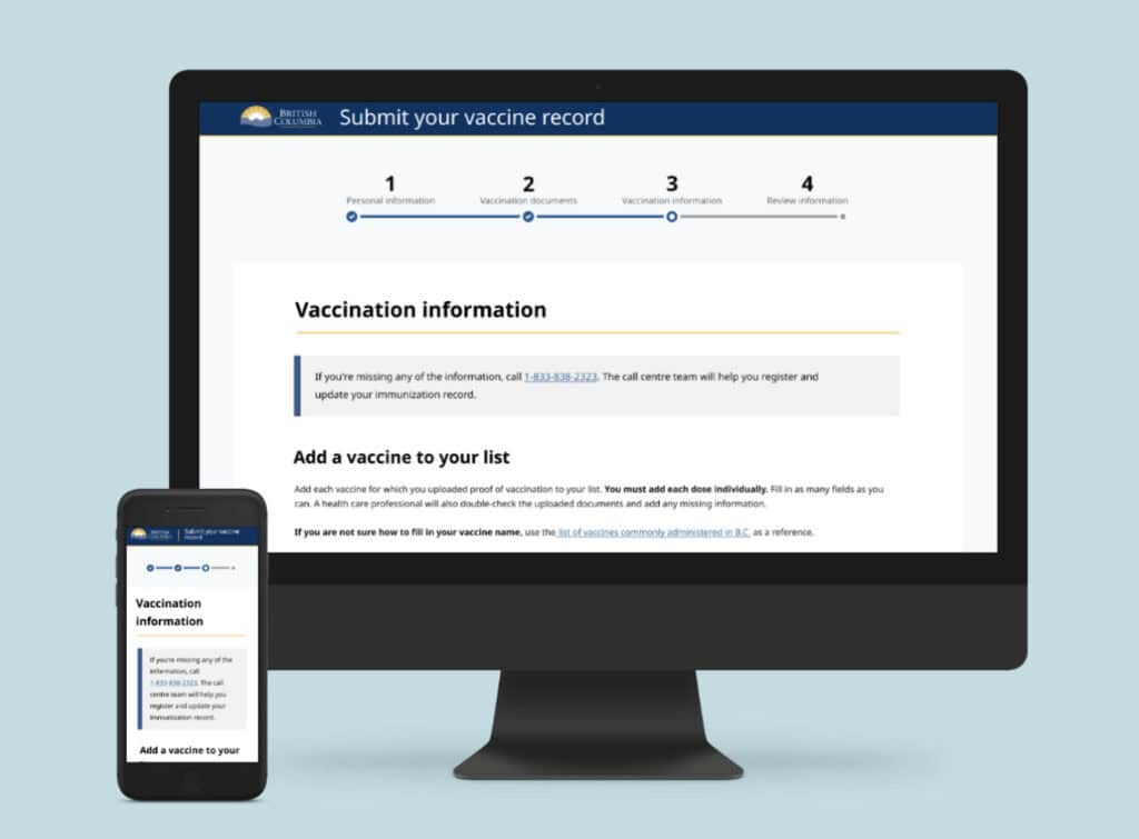 Blue background with a mock computer monitor and mobile phone showing a screen example of the high-fidelity wireframe of the BC vaccine submission tool