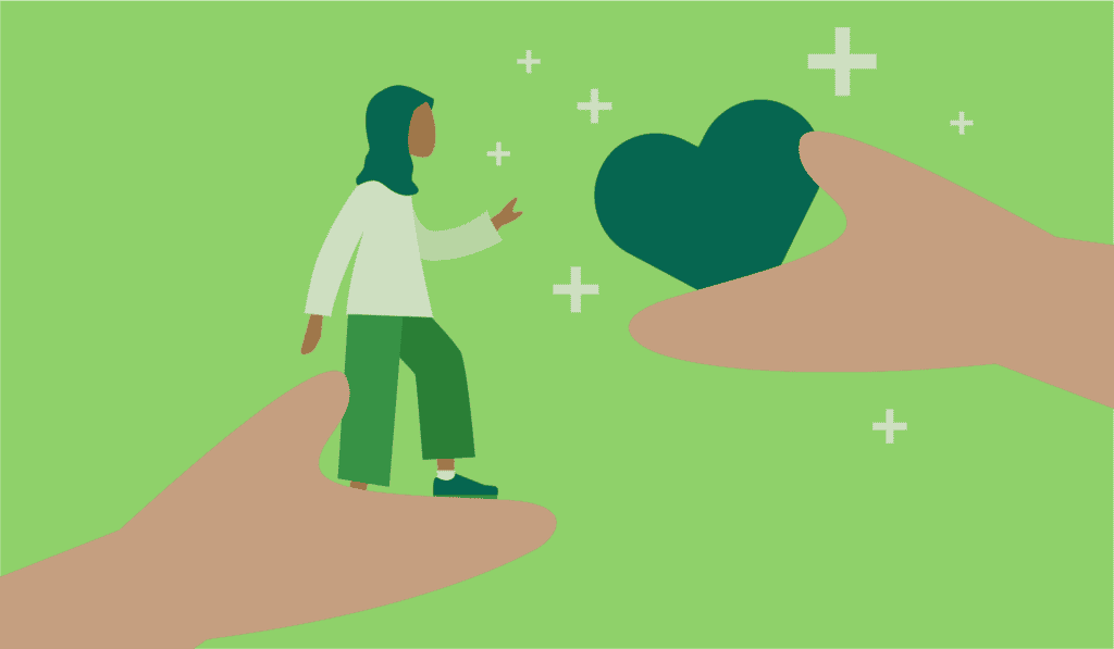 OXD Illustration of a concept showing design research compassion of a person in a hand with a heart in another hand in shades of green and skin tones.