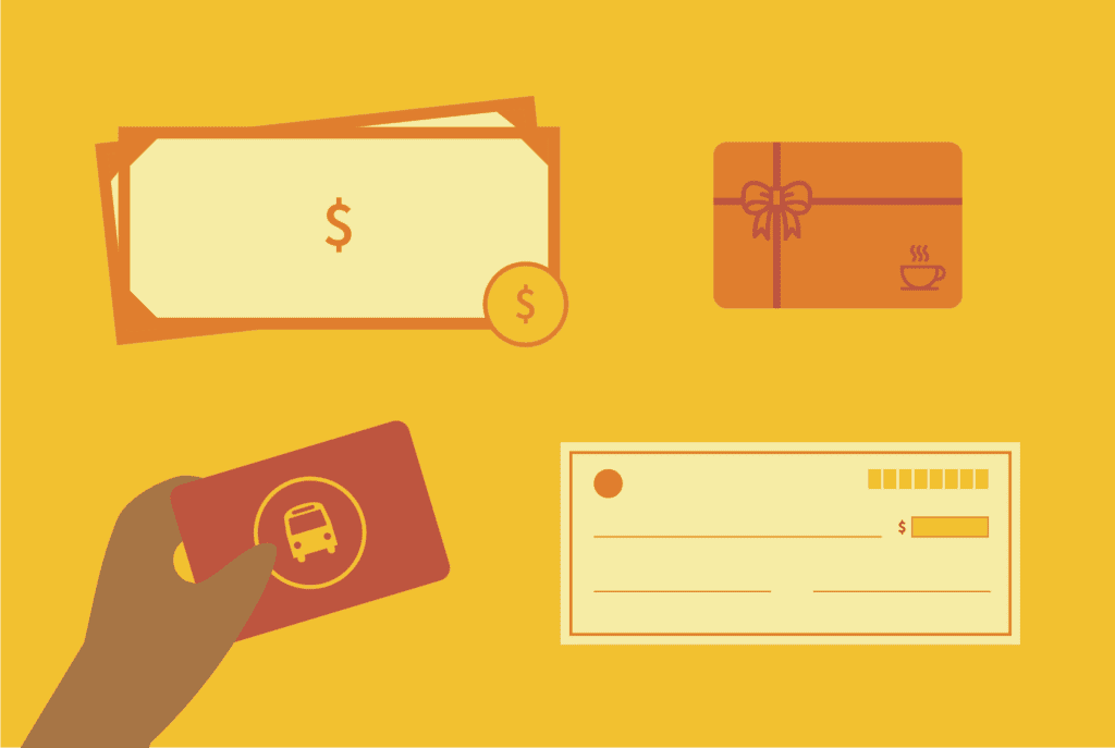 OXD Illustration in shades of yellow and orange for research participant compensation concept. Shows money icon on left, then a giftcard to the right, then a check, then a metro card.
