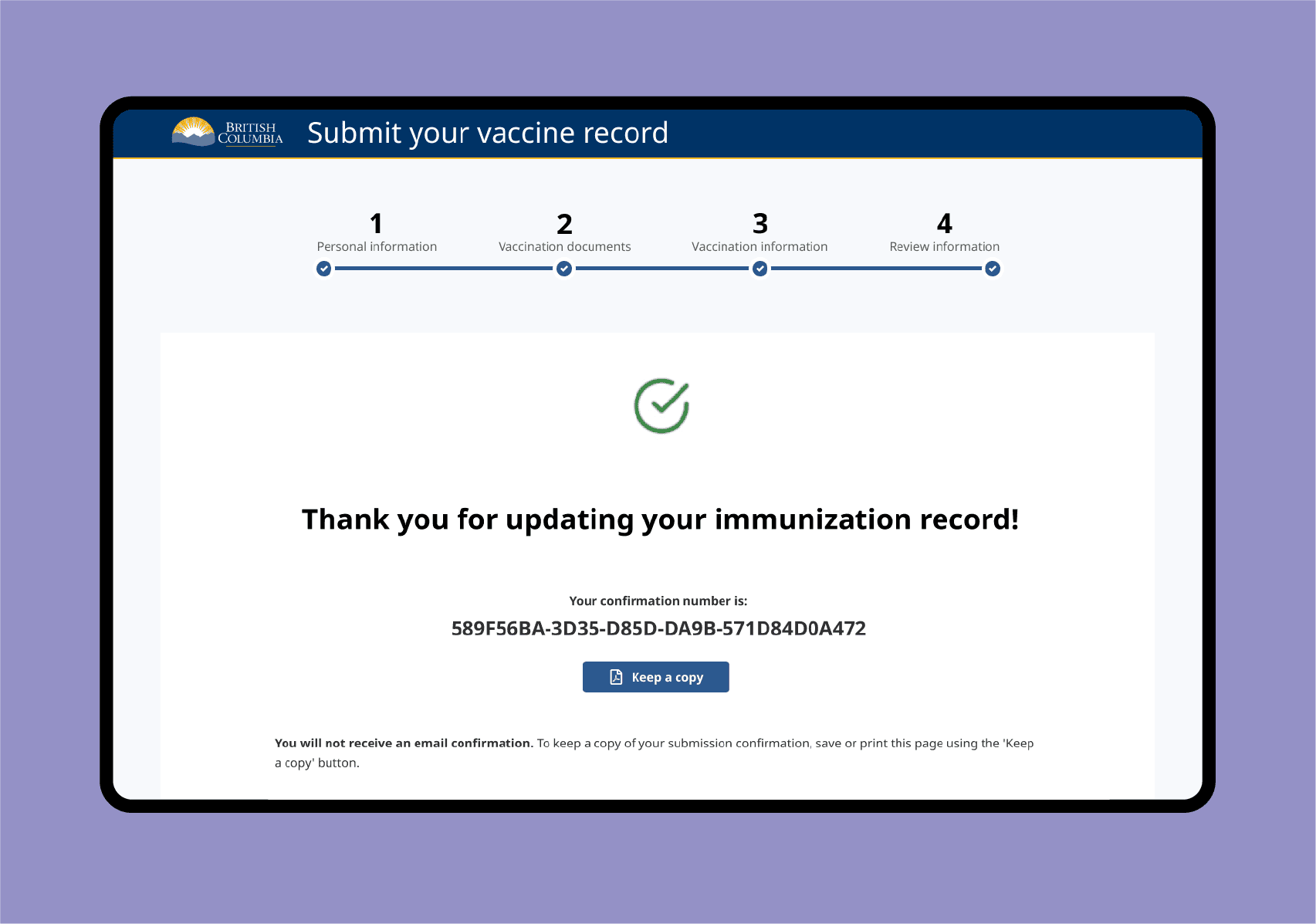 Screenshot of the PHSA vaccine submission website page on a black simplified monitor over a purple background to support health management technology improvements