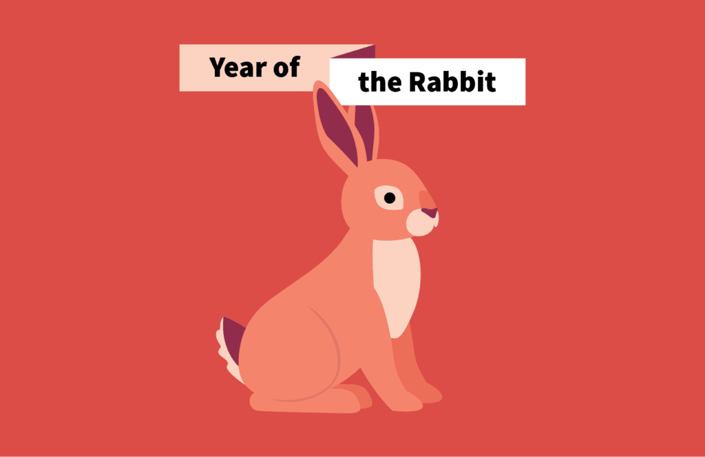 OXD illustration of a rabbit in shades of red with a text banner saying "Year of the rabbit" for Lunar New Year in Vancouver