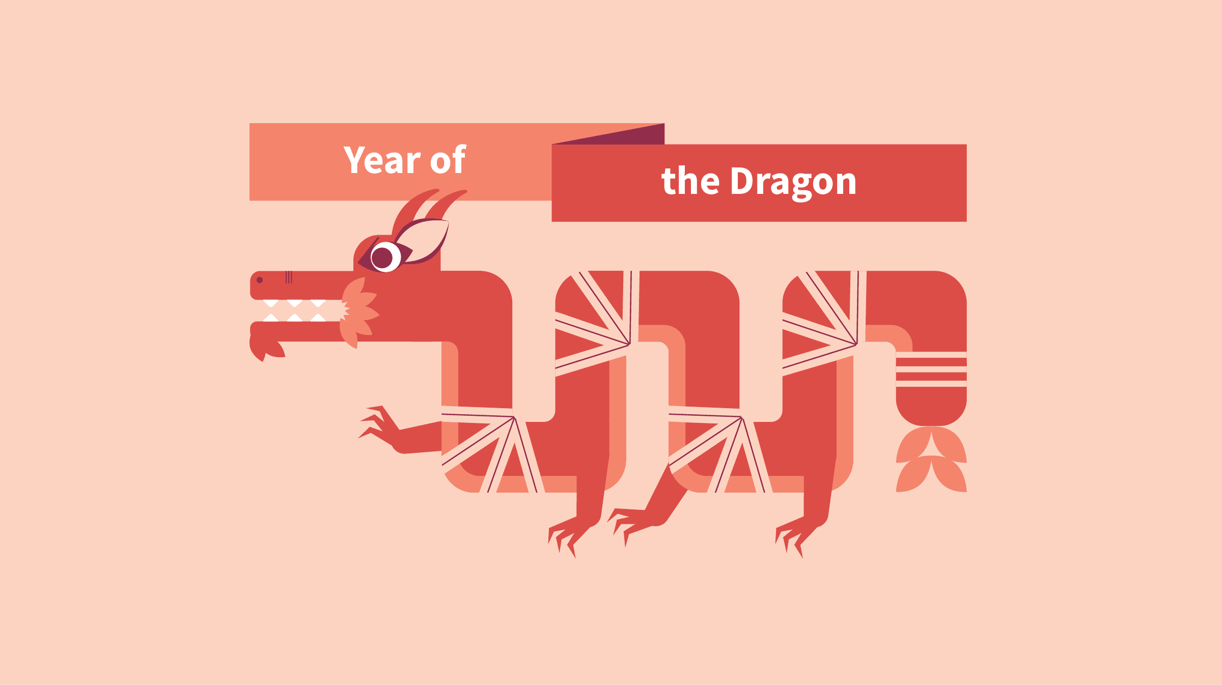 OXD illustration for Lunar New Year 2024 of a dragon with banner above with text "Year of the Dragon"