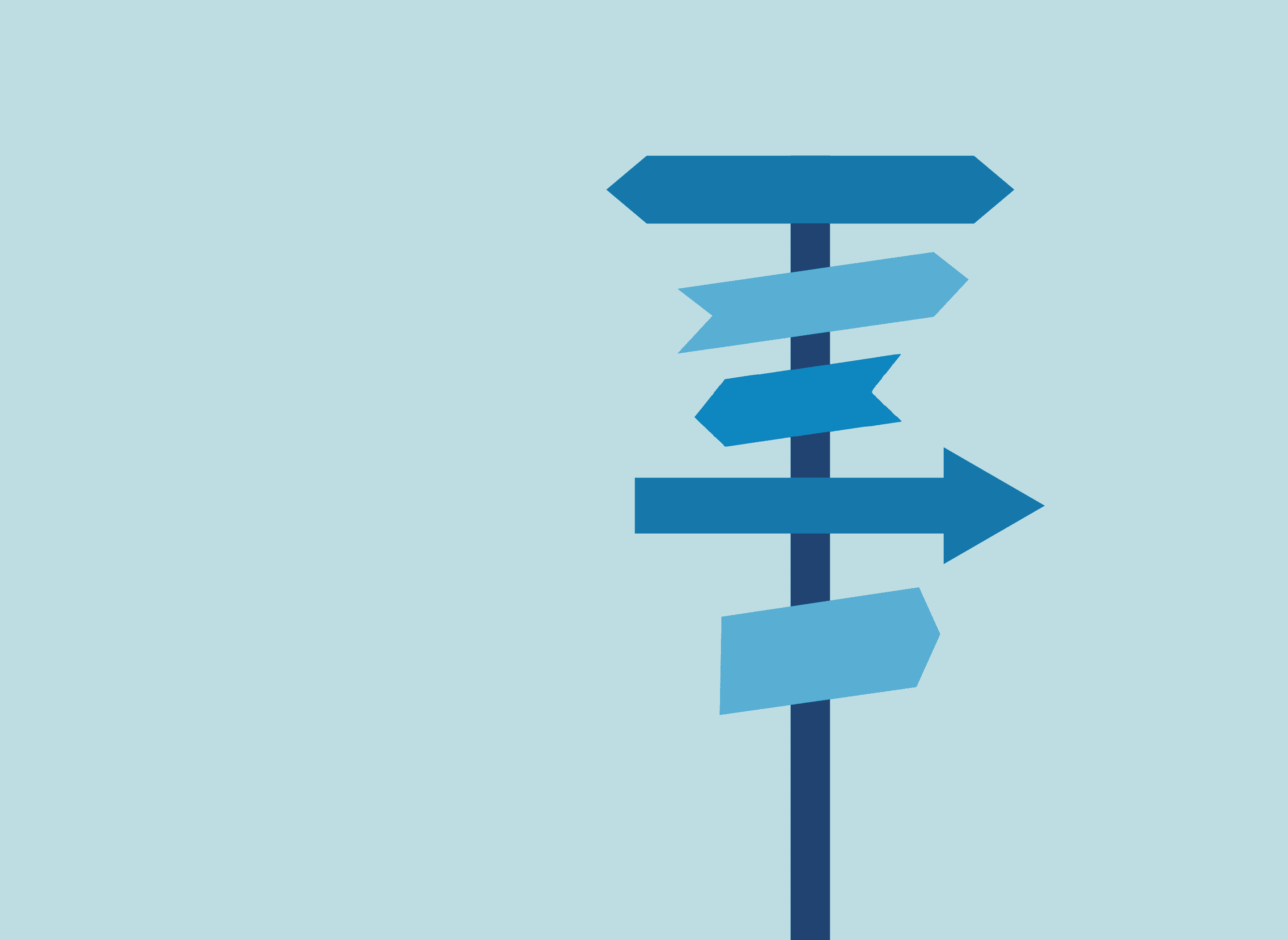 Illustration by OXD supporting decision-making process. Blue background with a sign post with different arrows pointing different ways.
