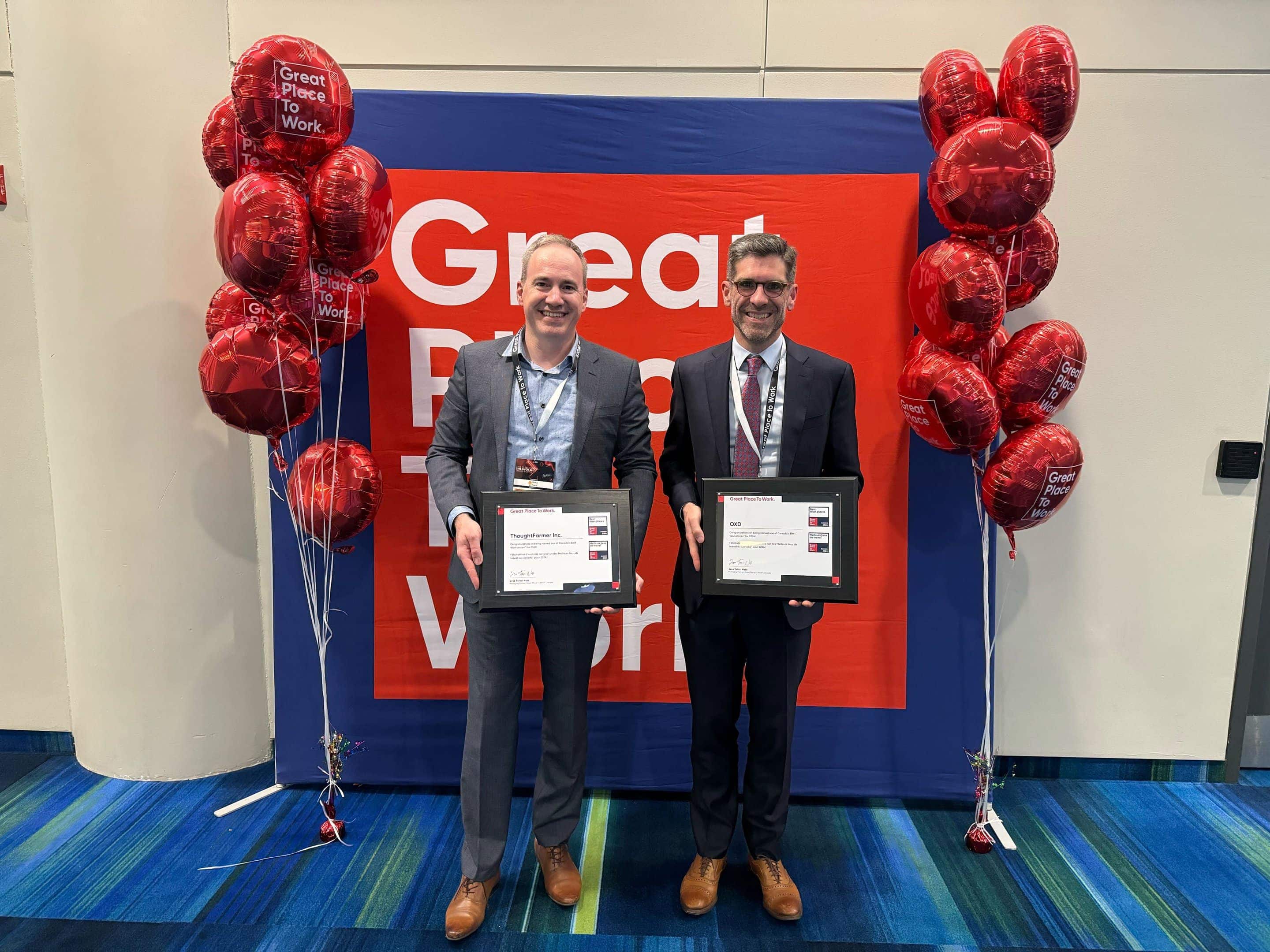 Left: Darren Gibbons and right: Gordon Ross holding Awards for OXD and ThoughtFarmer who both won Best Workplaces Canada 2024 logo 