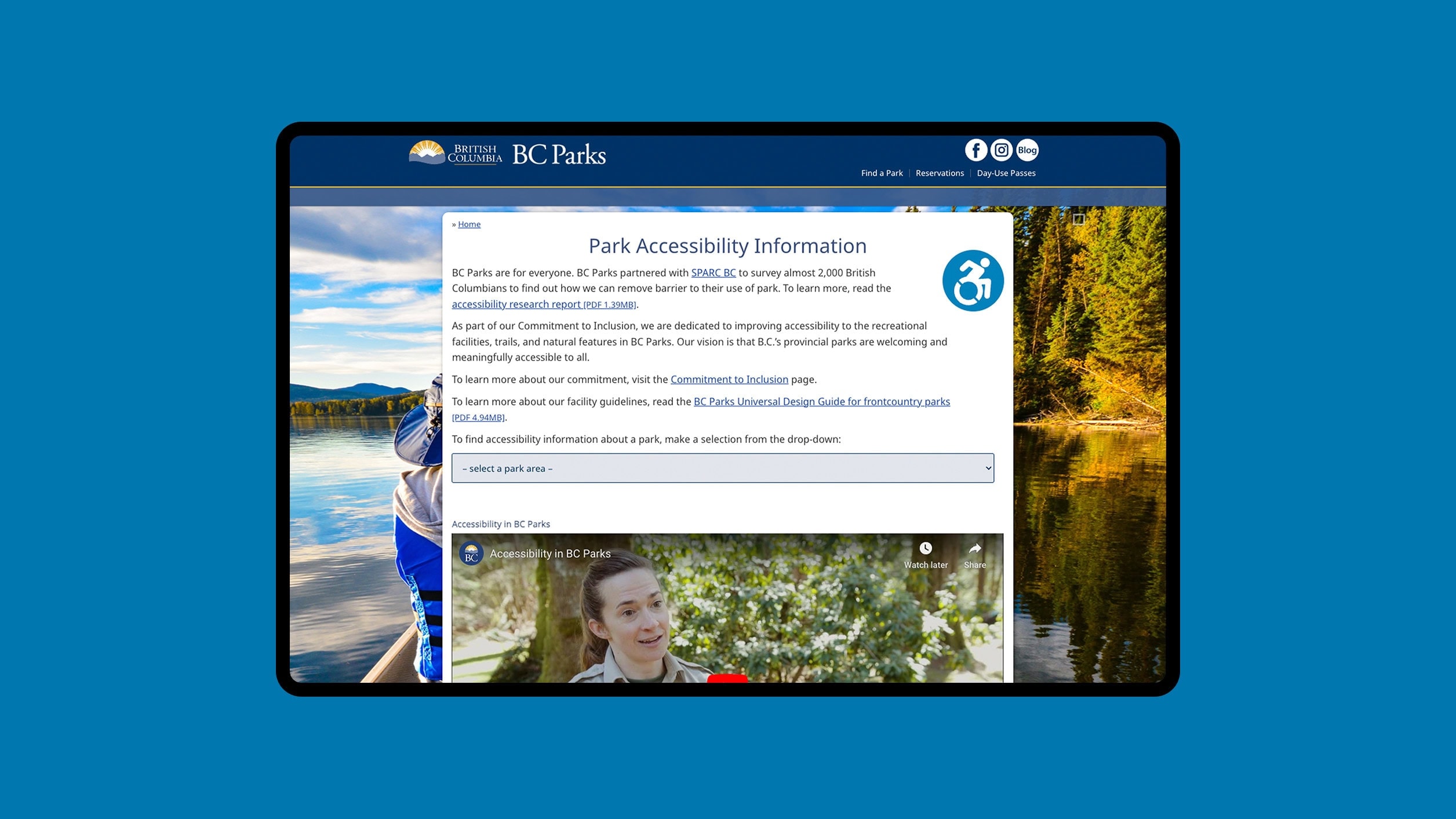 Image of the accessibility.bcparks.ca home page in a browser
