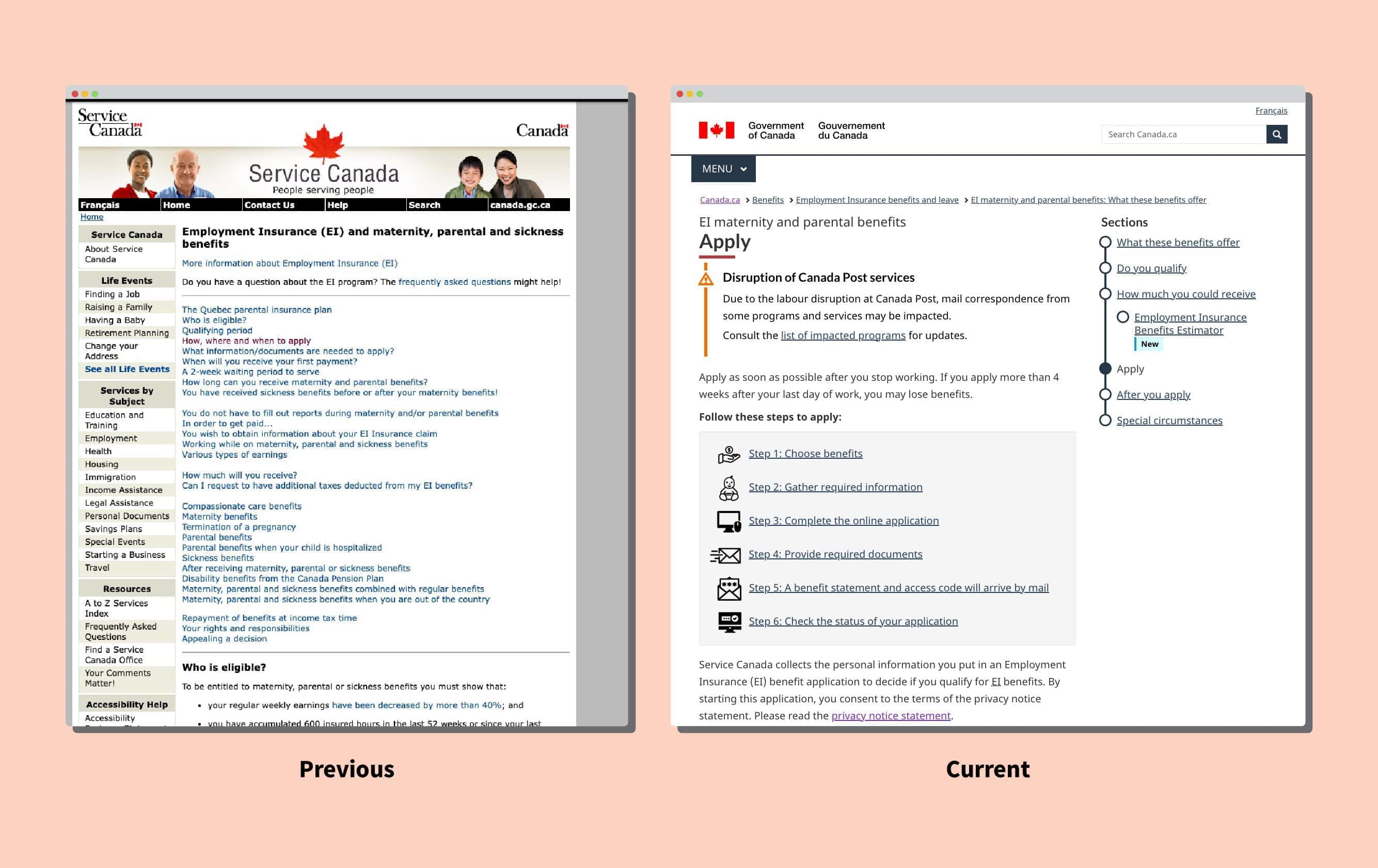 Previous and Current Screenshots of the Service Canada website EI maternity and parental benefits page