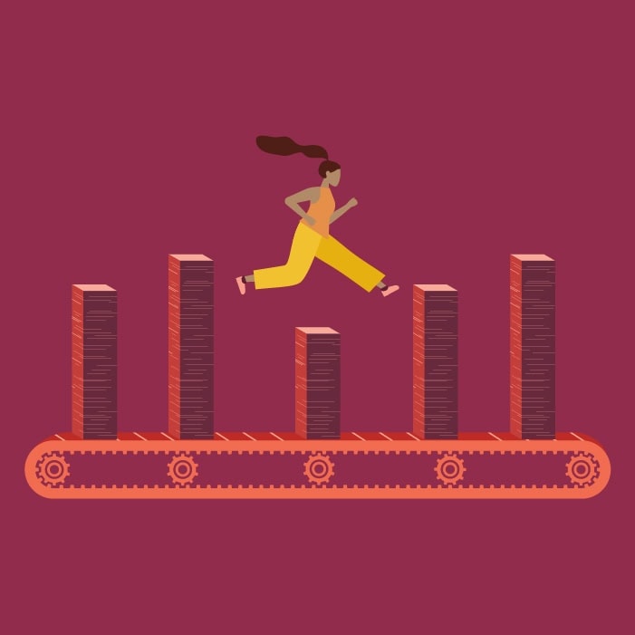 OXD Illustration of the challenges of evaluating services and reducing admin burden of a person jumping over stacks of papers