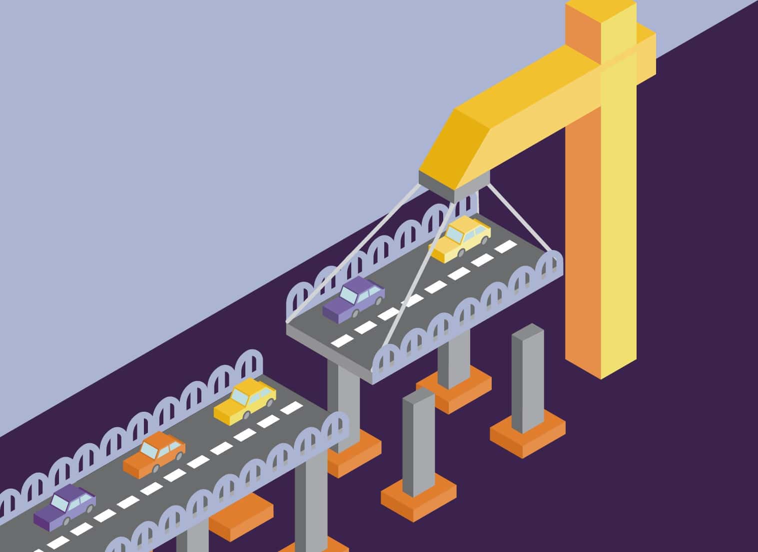 OXD illustration to support Legacy Modernization concept of keeping operations running and reducing risk, shows a bridge with cars and a crane lowering a segmented part of the bridge onto the functioning bridge.