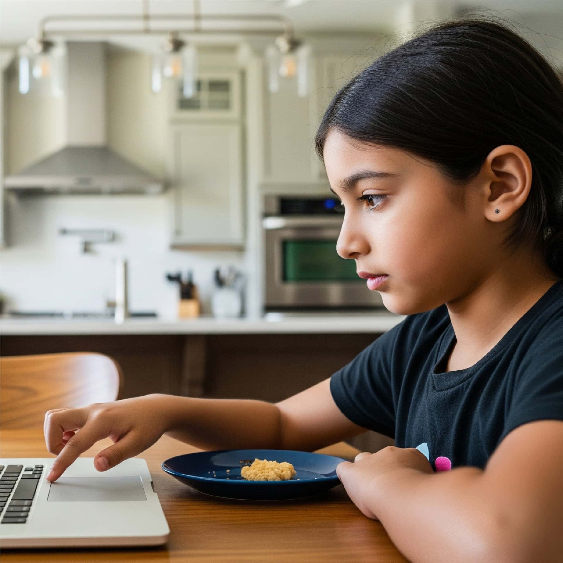 Young child sitting at a table using a laptop to play games