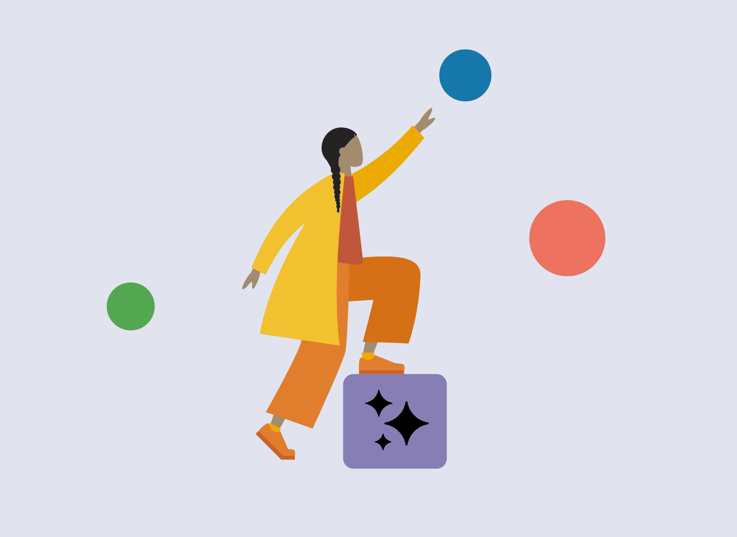 OXD illustration of a person one step up on a block with AI stars icons grabbing for a series of circles around them.