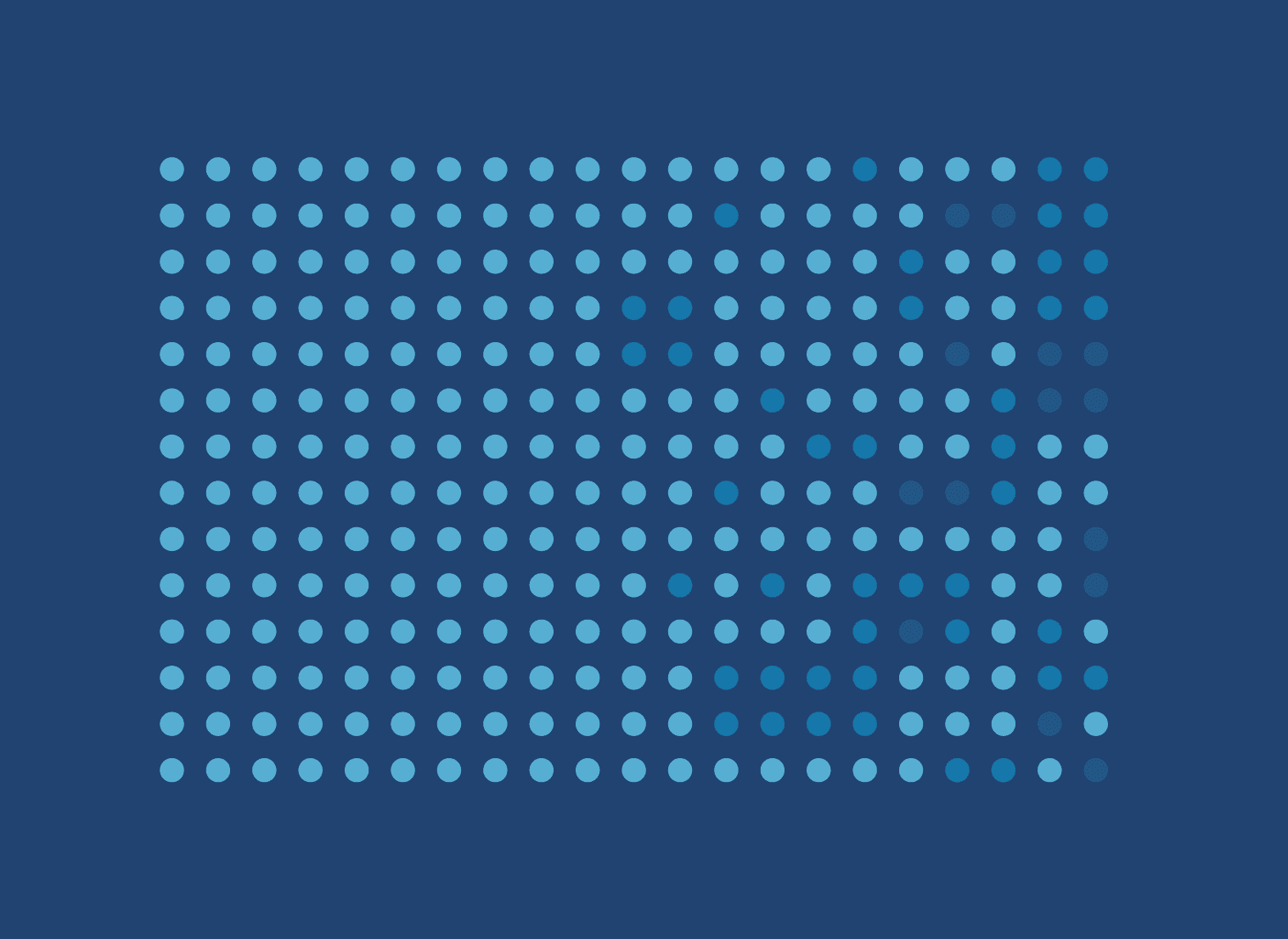 A grid of light and dark blue circles on a solid dark blue background. The circles on the left are a uniform color, which then shifts to a mix of lighter and darker shades toward the right in a non-uniform pattern.