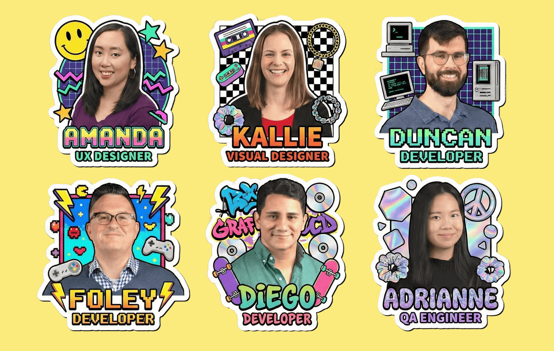 OXD team members headshots featured in a fun 90s theme
