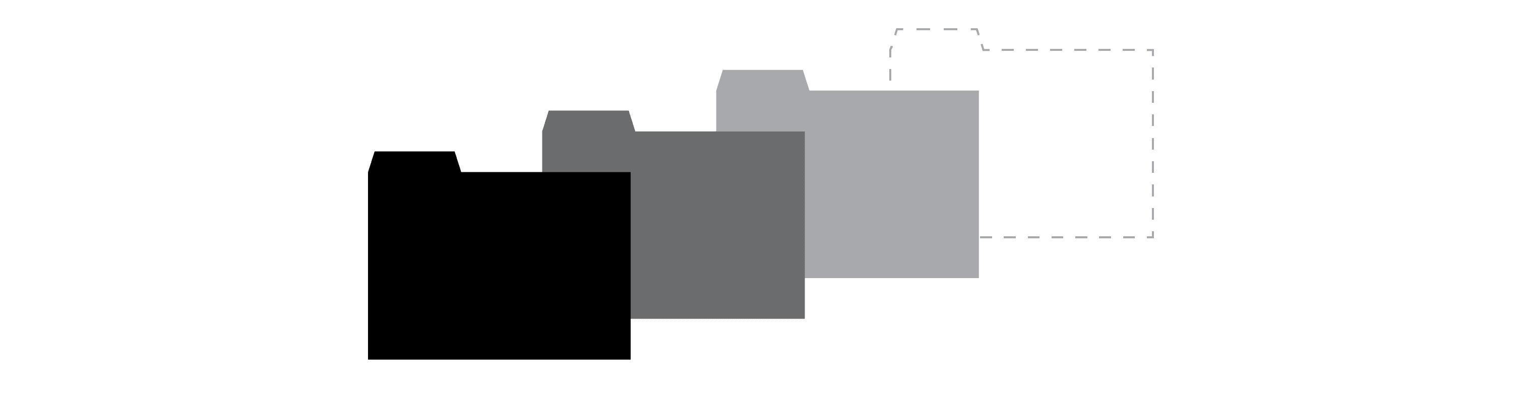 Graphic of four file folders that progress from black to light grey, ending with a folder represented only by a dashed white outline.