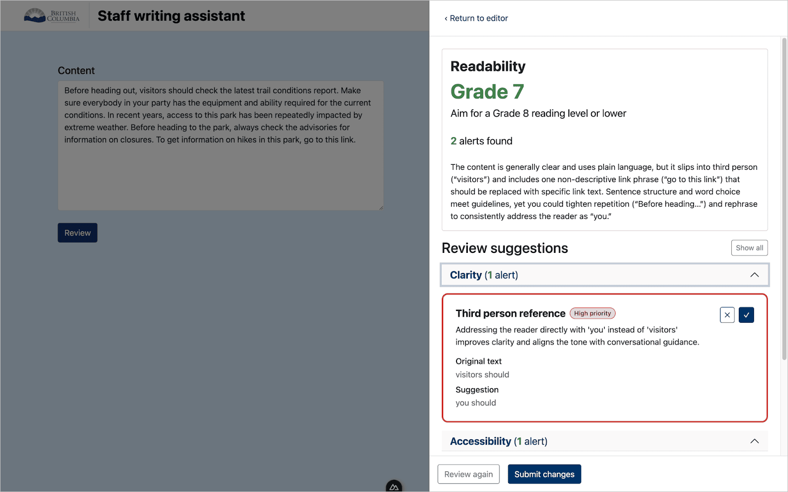 Screenshot of the staff writing assistant showing a suggestion on how to improve writing