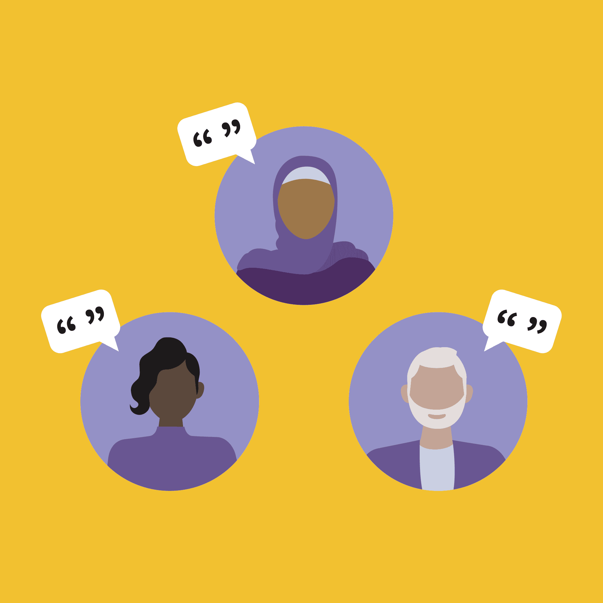 Illustration of three diverse people in circular frames. Each person has a speech bubble with quotation marks above them, representing a collection of voices.