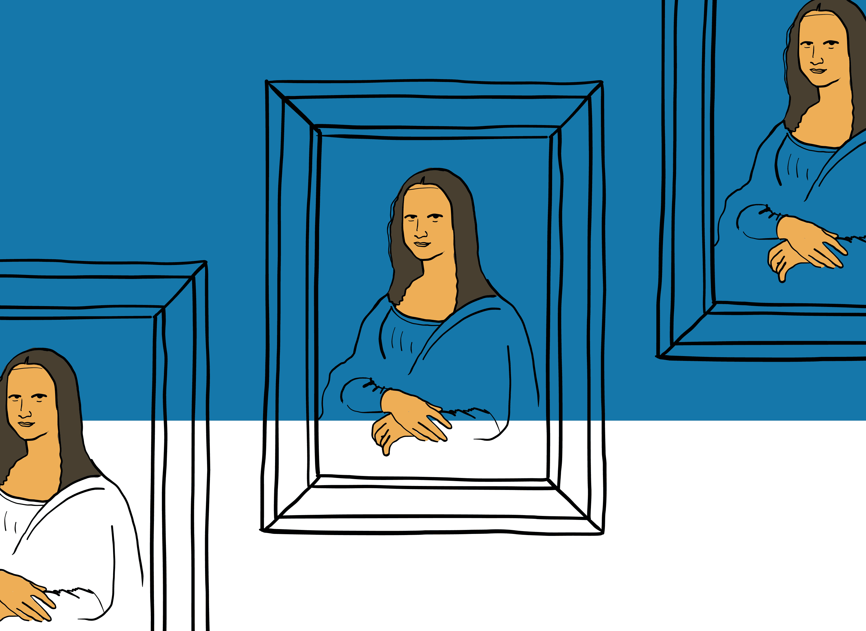 Hand-drawn Mona Lisa in a frame, duplicated three times
