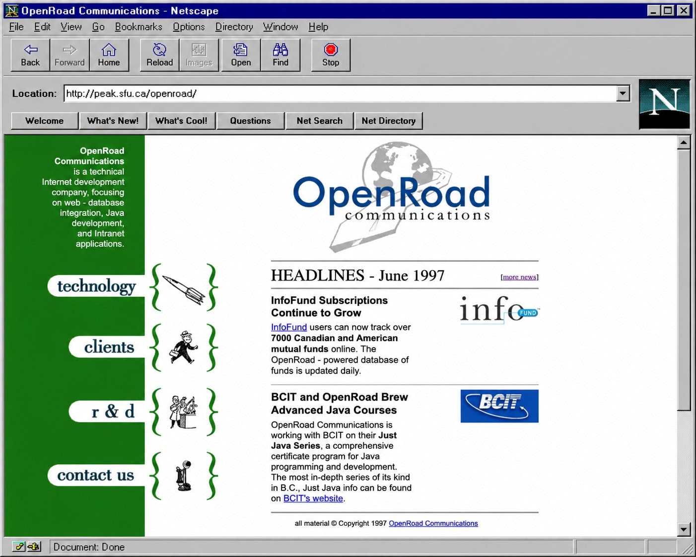 Way back image of OpenRoad Communications home page from 1997.