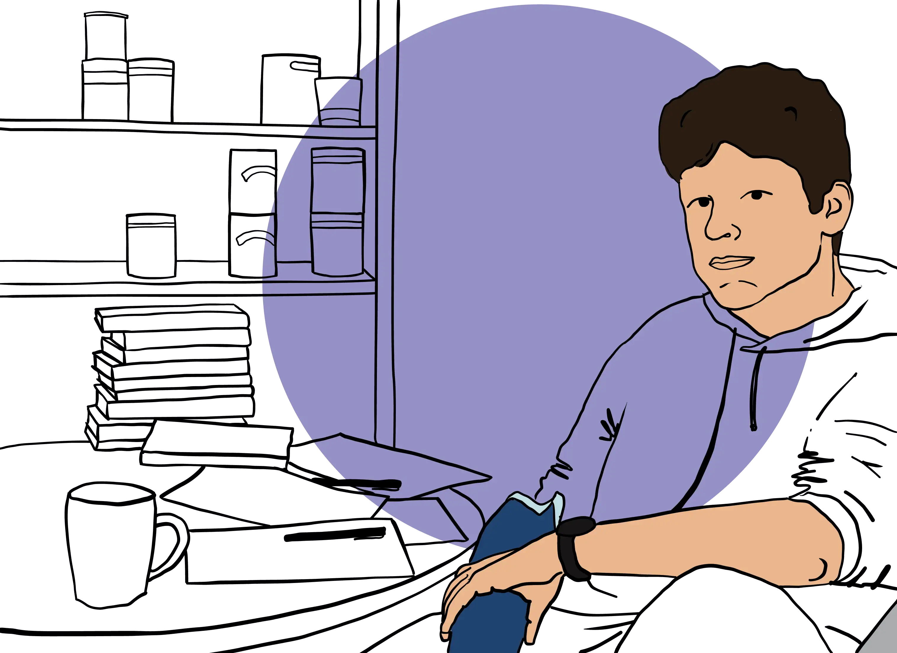OXD line drawing of Gord sitting at a table with papers and books