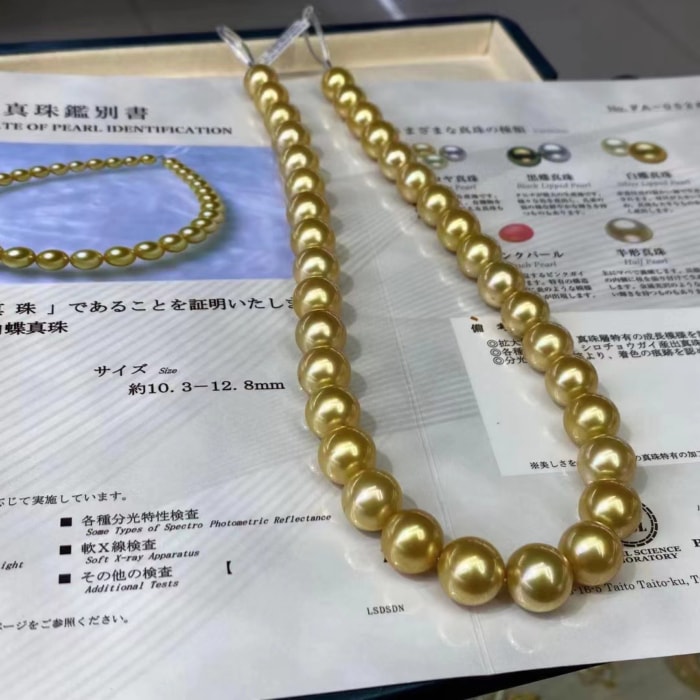 10.0-13.0mm AAAA runde goldene Südseeperlen Halskette – Bild 2