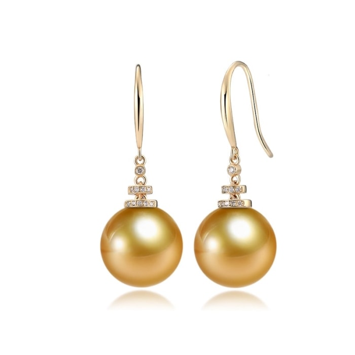 9.0-11.0mm AAAA runde goldene Südsee Perlen Ohrringe Hänger mit Diamant