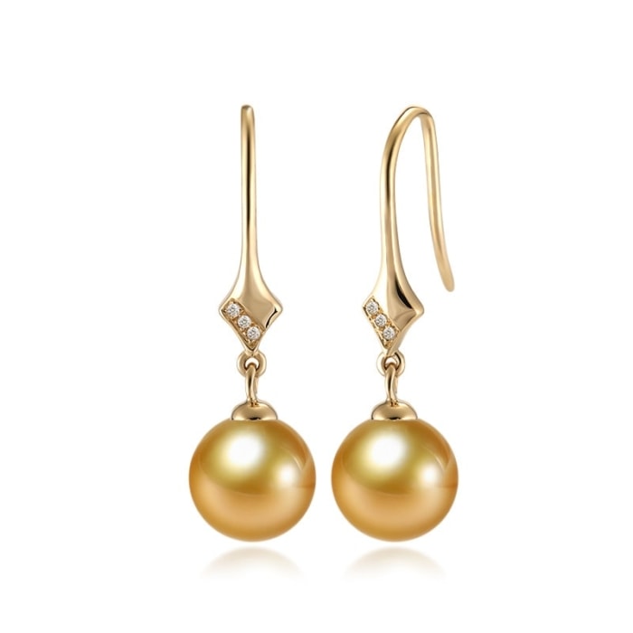 9.0-11.0mm AAAA goldene Südsee-Perlen Ohrringe Hänger mit Diamant