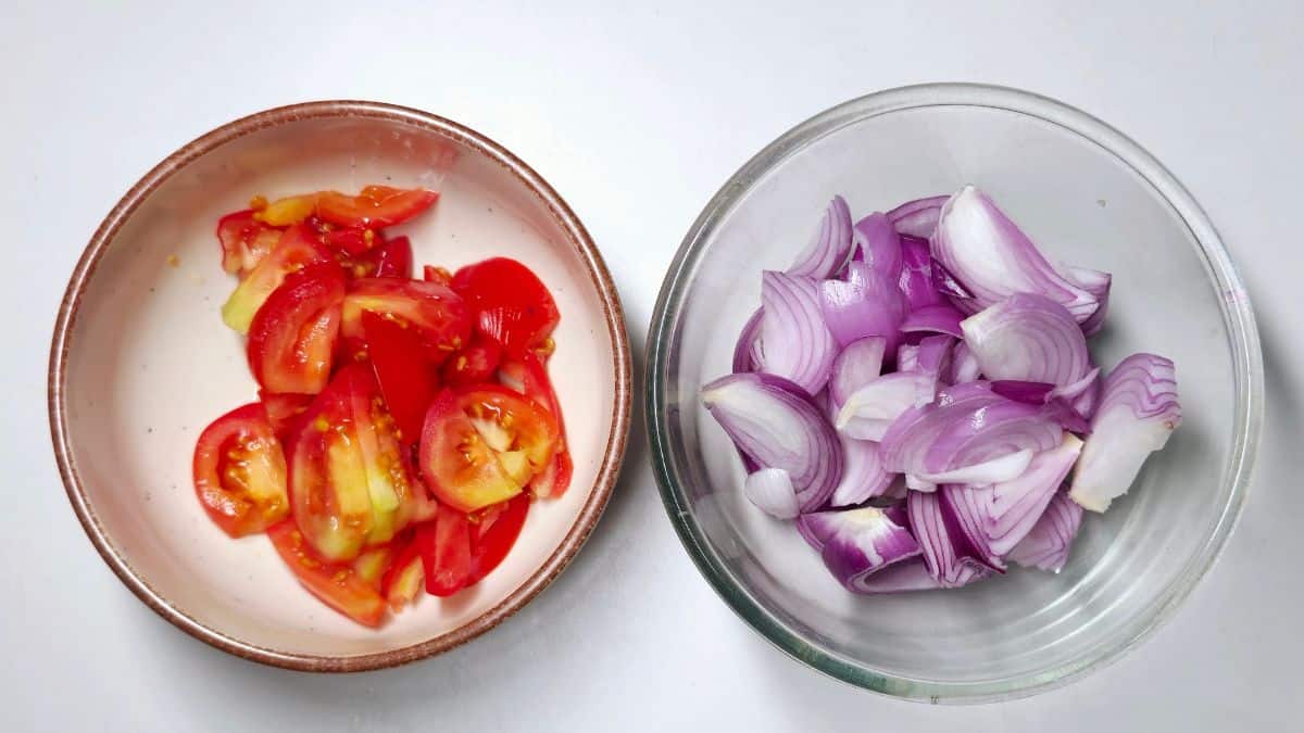 Butter Chicken Recipe step four - Chop onion and tomatoes