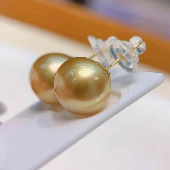 Ohrstecker mit 13.0mm AAA runde  große Südsee gold Perlen – Bild 5