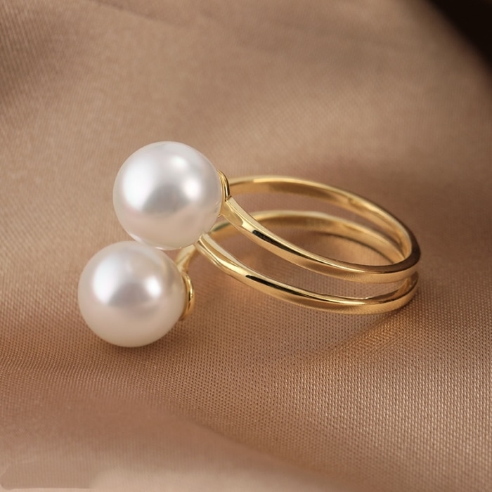 8.0-8.5mm AAA runde weiße Akoya Perlenring Gold – Bild 4