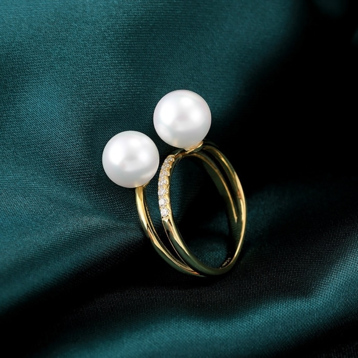 7.0-7.5mm AAA weiße Akoya Perlenring Gold 750 mit Diamanten – Bild 6