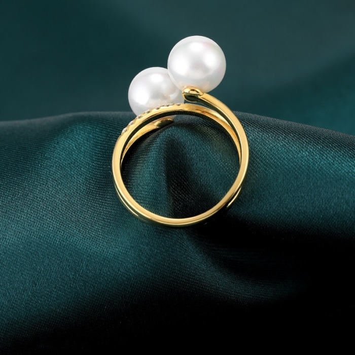 7.0-7.5mm AAA weiße Akoya Perlenring Gold 750 mit Diamanten – Bild 5