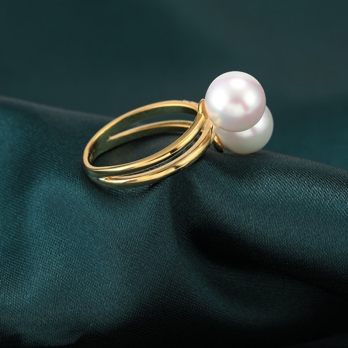 7.0-7.5mm AAA weiße Akoya Perlenring Gold 750 mit Diamanten – Bild 4