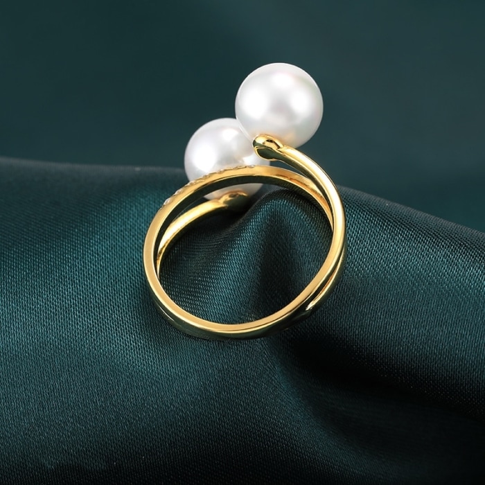 7.0-7.5mm AAA weiße Akoya Perlenring Gold 750 mit Diamanten – Bild 3