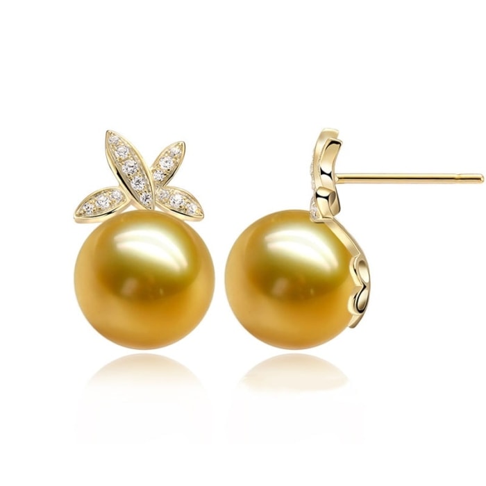 10.0-11.0mm AAAA runde gold Südsee Perlenohrstecker mit Diamant